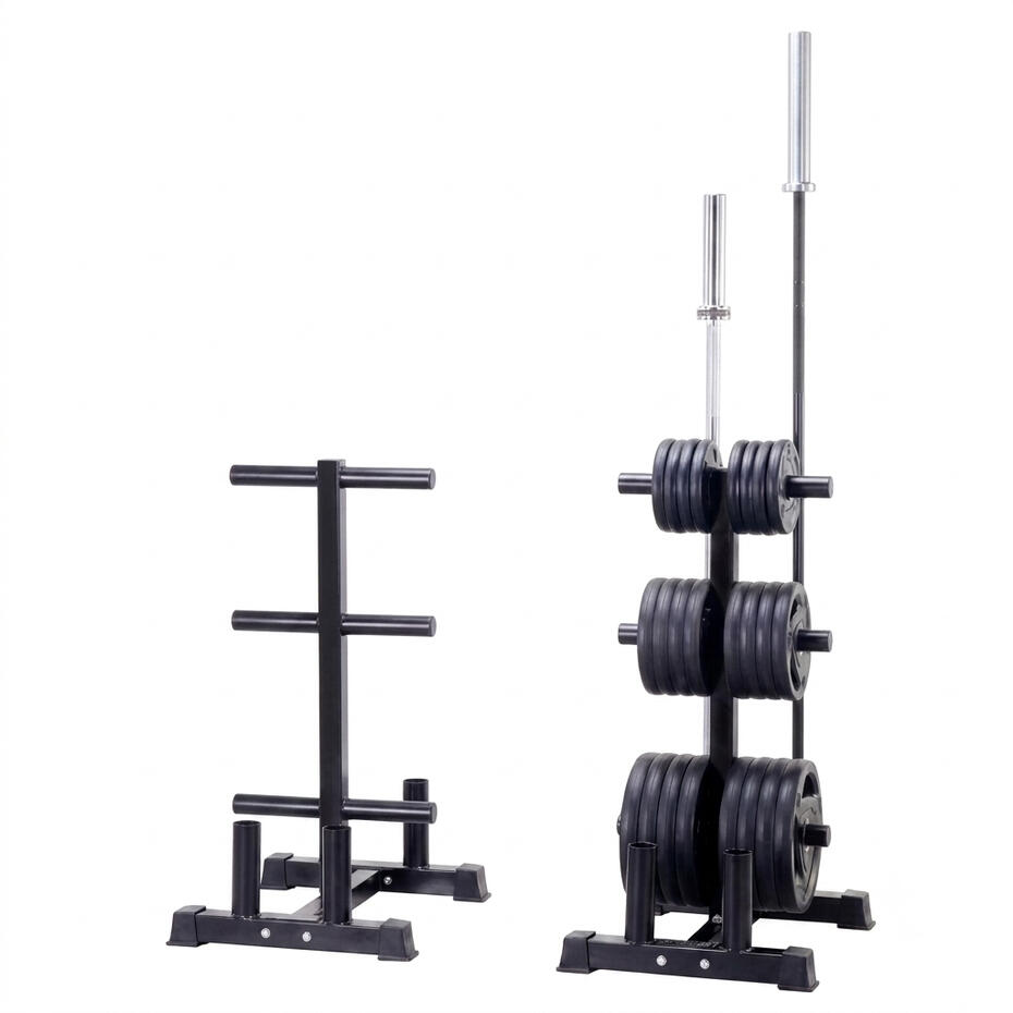Commercial heavy-duty black steel Olympic weight tree and plate storage rack with vertical barbell holders, manufactured by source factory. Combines 6 weight pegs for 2-inch Olympic plates with vertical storage sleeves for barbell bars.