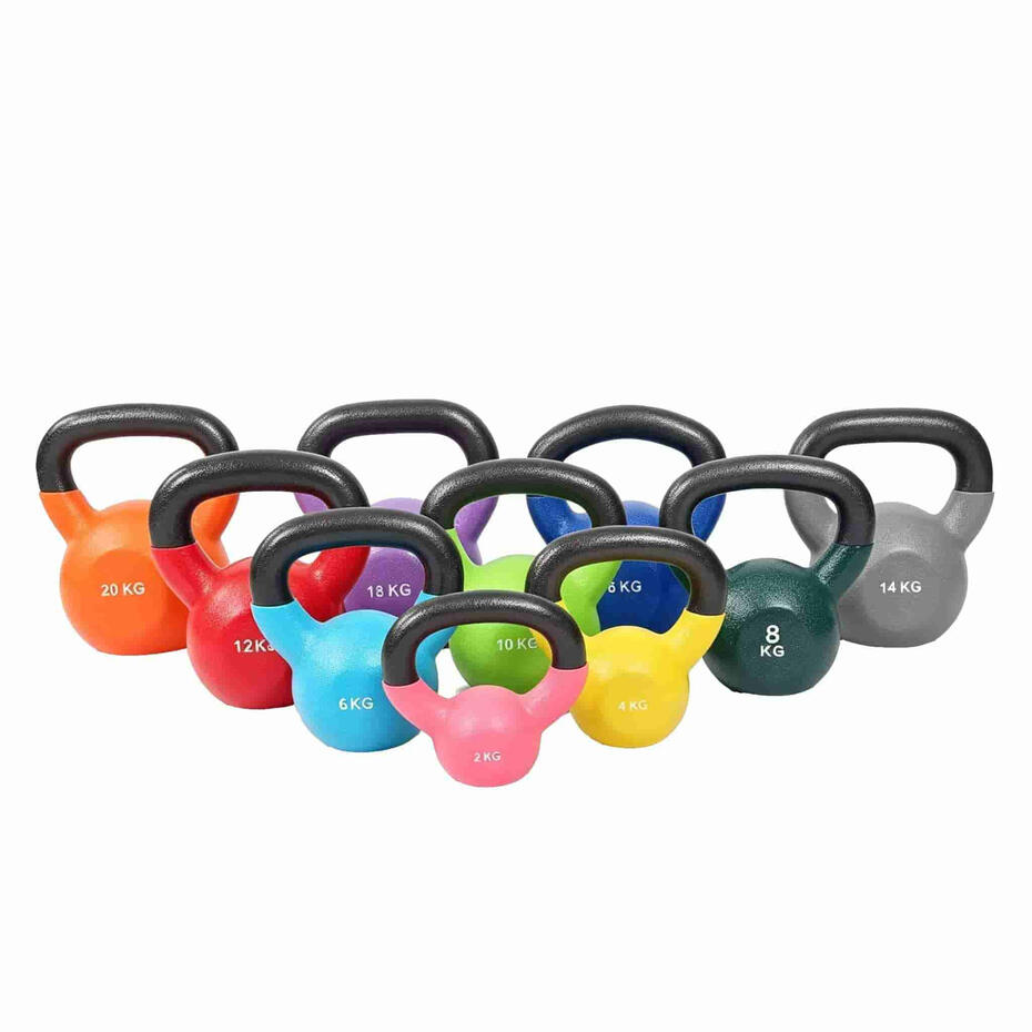 Color coded vinyl and neoprene coated cast iron kettlebells for group fitness classes