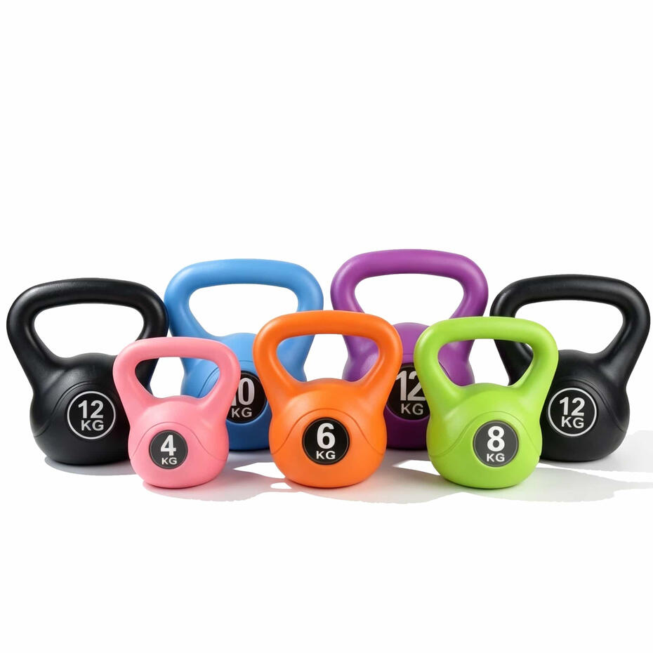 Color coded plastic cement kettlebells with PE shell for home fitness and retail wholesale