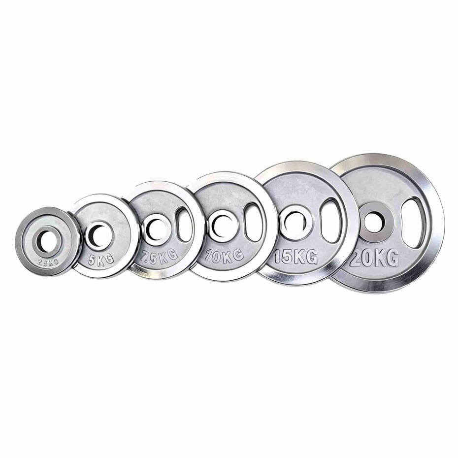 Hand grip chrome weight plates with shiny chrome plating and cast iron core for commercial gym