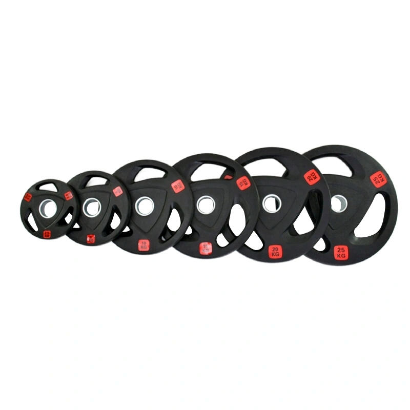 rubber coated weight plate, solid cast iron core with a durable rubber coating, featuring three grip holes for easy handling, home gym strength training, wholesale, factory direct supply