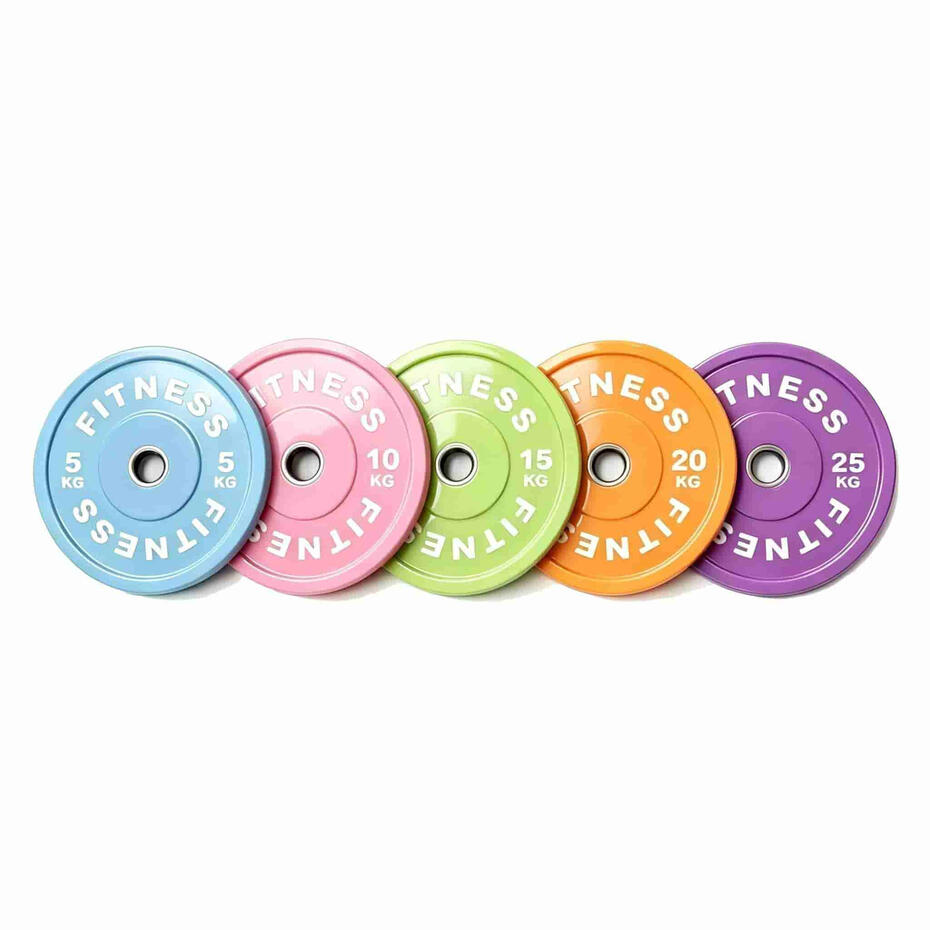 Color coded rubber bumper plates with steel core for commercial gym and Olympic barbell training