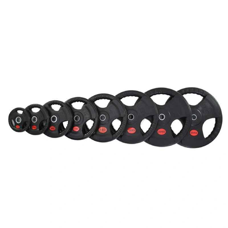 Tri grip rubber coated weight plates with solid cast iron core for commercial Olympic barbell workout