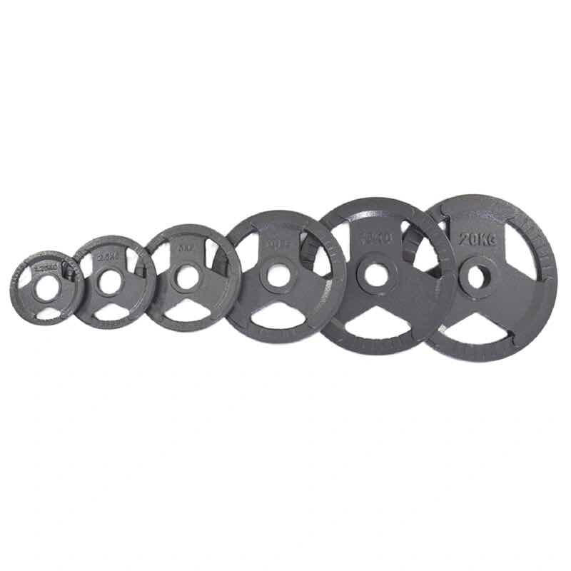 Tri grip solid cast iron weight plates with ergonomic handles for strength training and barbell lifting