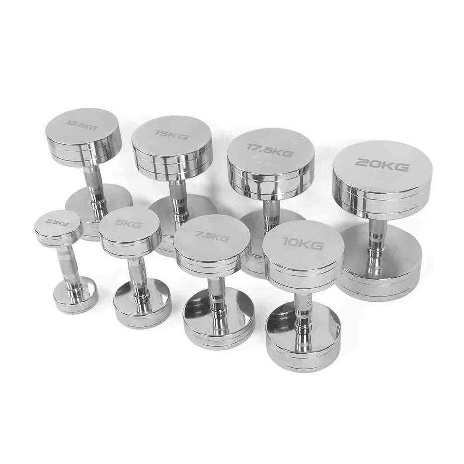 Shiny chrome steel dumbbells with contoured grip for commercial gym and home fitness wholesale