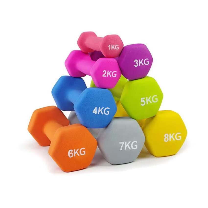 Anti-roll color coded neoprene dumbbells with solid cast iron core for home and studio workouts