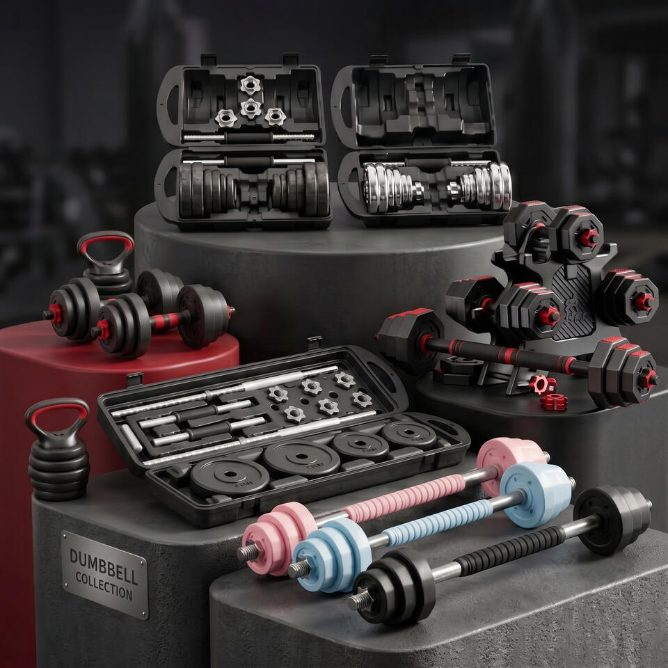 Adjustable dumbbell set collection in gym showroom, featuring chrome and cast iron dumbbell sets with carrying cases, 3-in-1 convertible barbell and kettlebell sets, and foam connector bars, manufactured by source factory. Strength Training Dumbbells Manuf