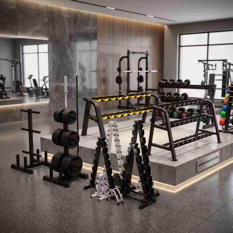 Heavy-duty dumbbell racks, weight plate trees, and kettlebell storage stands for commercial gyms