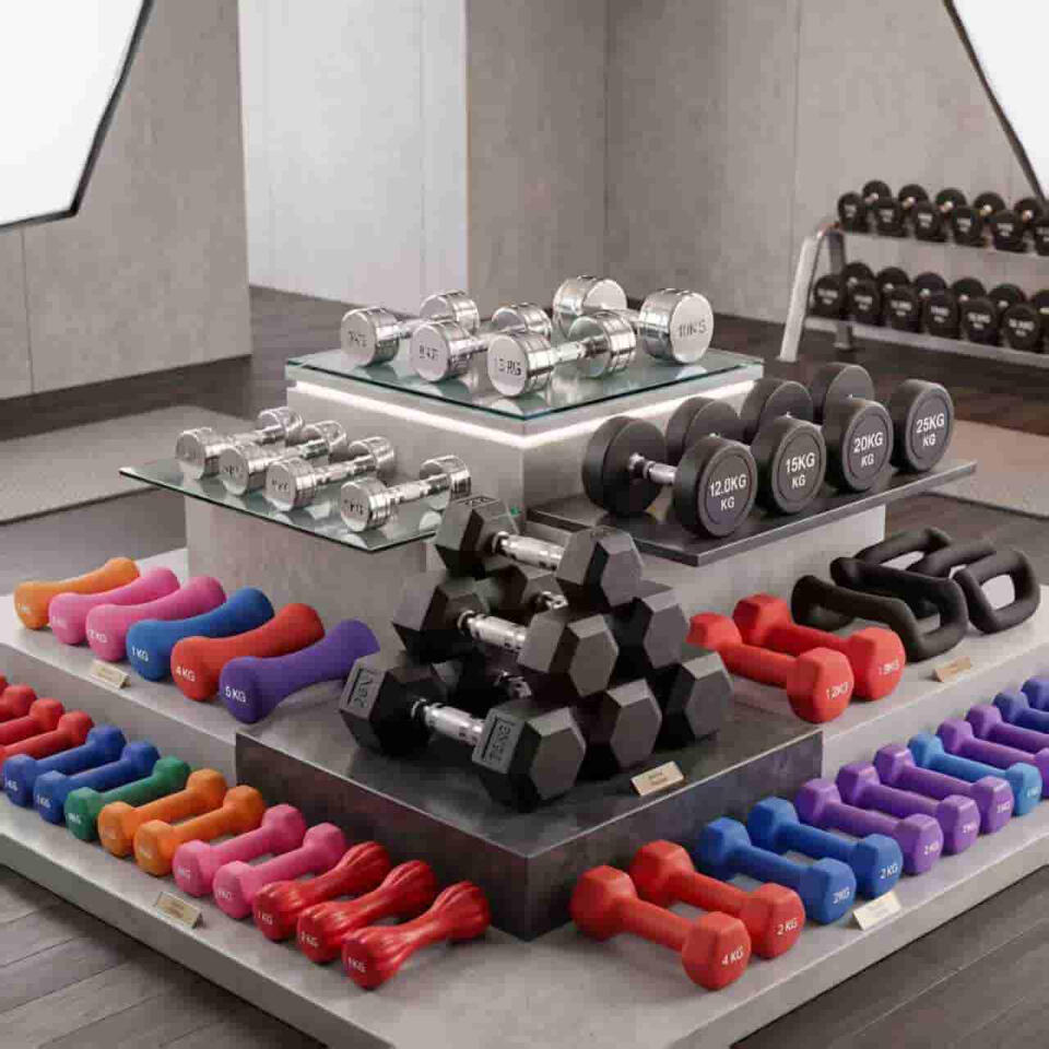 Wholesale commercial dumbbells collection including rubber hex, cast iron, vinyl, and neoprene dumbbells direct from factory