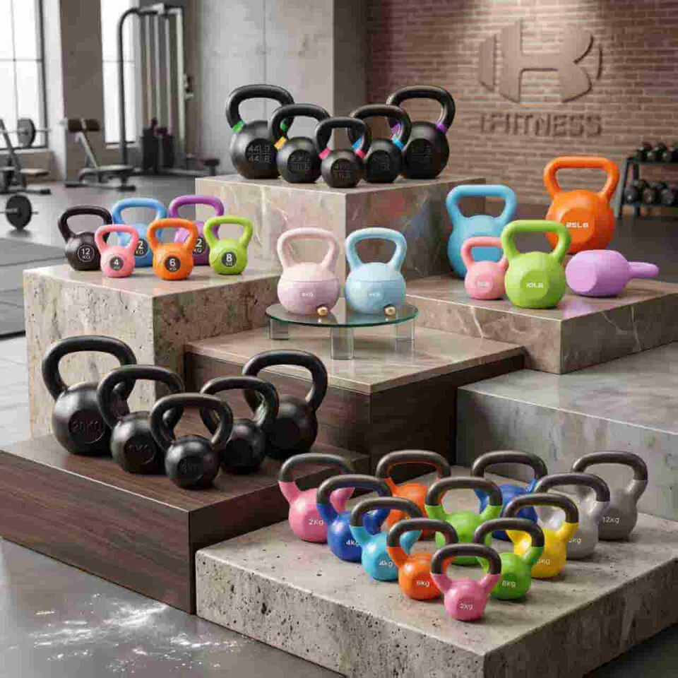 Commercial powder coated cast iron, soft PVC, and cement kettlebells wholesale collection