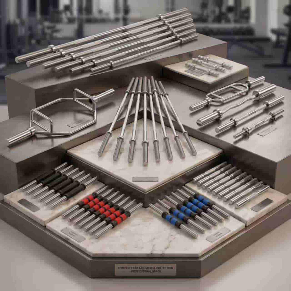 Commercial Olympic barbells, trap bars, triceps bars, and spinlock dumbbell handles collection