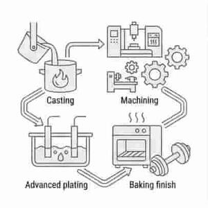 In-house iron casting machining plating and baking finish process icon