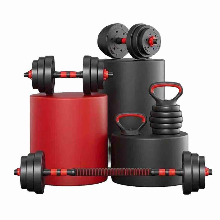 Round adjustable cement dumbbell set with convertible barbell rod and kettlebell handles